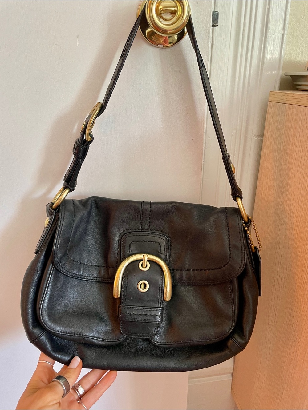 Coach Vintage Black Leather Shoulder Bag with Gold Buckle